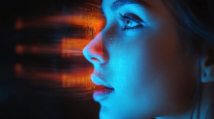 Portrait of Young Woman with Digital Technology Effects and Futuristic Visual Elements in Artistic Representation