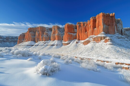 Snow-covered red rock formations surrounded by winter landscape at sunset in a remote canyon