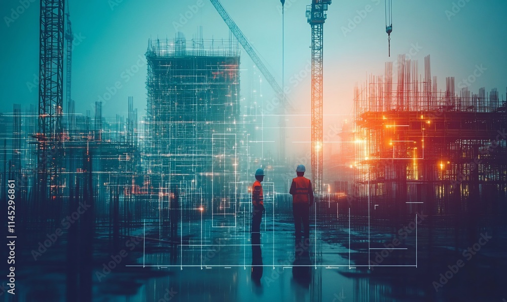 Poster construction workers observe a site with cranes and scaffolding at dusk.