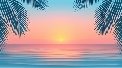 Obraz premium Experience tranquility as the sun sets over a tropical beach, framed by swaying palm trees and soft waves lapping at the shore.