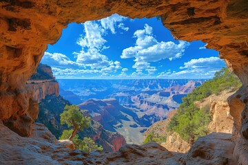 Breathtaking view of the Grand Canyon from a rocky cave under a vibrant blue sky