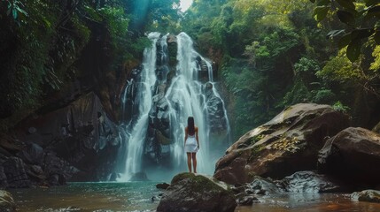 Waterfall (Saithip Waterfall) with stone of green moss in autumn forest