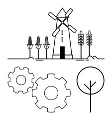 Windmill surrounded by crops and trees, accompanied by mechanical gears. Ideal for sustainability, agriculture, renewable energy, farming, eco-friendly practices, agritech conservation. Line