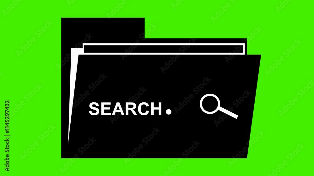Poster video animation black and white icon folder and magnifying glass with dots loading, in concept searc