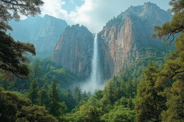 Majestic waterfall cascading down rocky cliffs in a lush green forest landscape