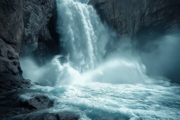 Obraz premium Powerful waterfall cascading down rocky cliffs in a misty landscape near a river