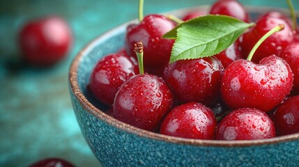 Fresh red cherries in a blue bowl with water droplets and green leaves.