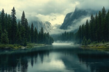 Misty mountains reflect in serene lake under a cloudy sky in tranquil nature setting