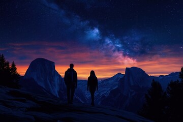 Fototapeta premium Couple gazing at starry night sky in Yosemite National Park during twilight