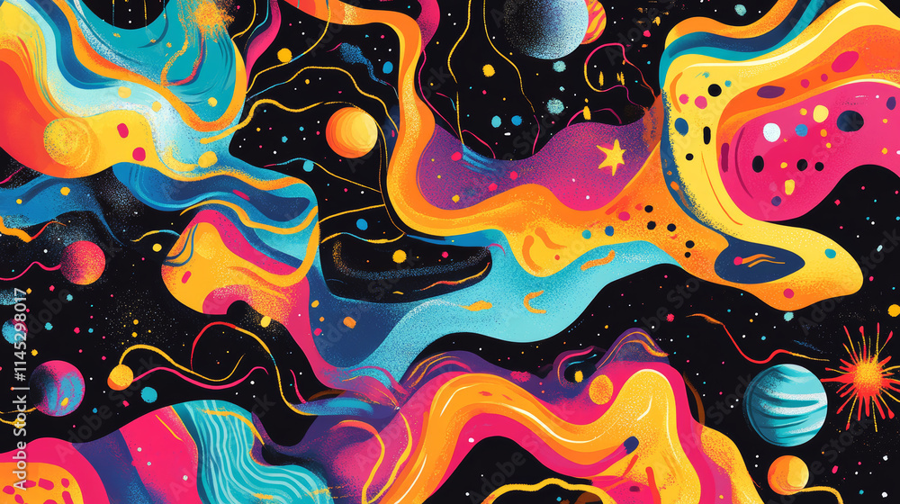 Poster bright and colorful abstract space art featuring swirling patterns and celestial bodies in a cosmic 