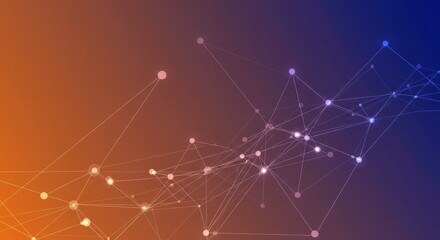 Abstract Network Connection:  A mesmerizing digital art piece depicting a network of interconnected nodes and lines, flowing across a vibrant gradient backdrop of orange and blue hues.