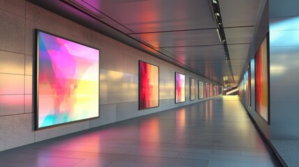 Modern hallway with colorful abstract art.