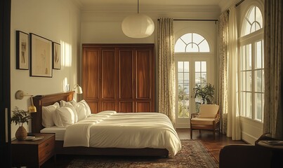 Fototapeta premium Sunlit bedroom with king bed, arched windows, wooden wardrobe, and armchair.