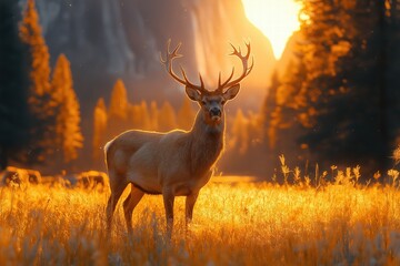 Majestic stag standing in golden meadow at sunset in serene wilderness