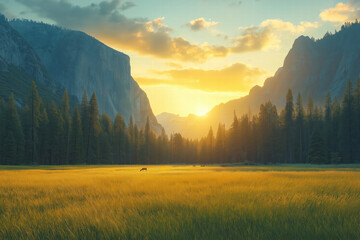 Sunset over a lush green field in a mountain valley with distant trees and wildlife