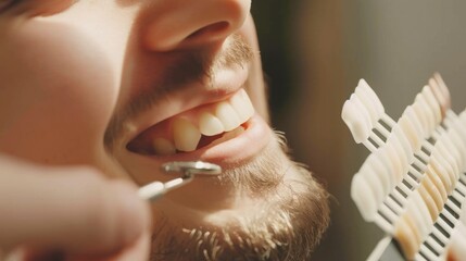 Obraz premium Dental beauty with example of male patient smiling in dental clinic style, perfect and healthy white teeth beauty