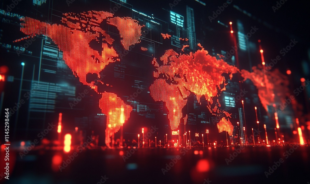 Poster digital world map visualization with red tones and data overlays.