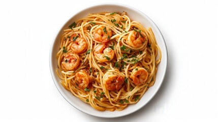 Aromatic spaghetti with shrimp tomato sauce, basil, and cheese on a white plate, a classic Italian meal