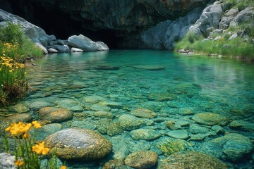 Fototapeta premium Clear turquoise water surrounded by rocks and flowers near a cave entrance in a tranquil setting