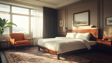 Fototapeta premium Sunlit luxury bedroom with king bed, armchair, and city view.