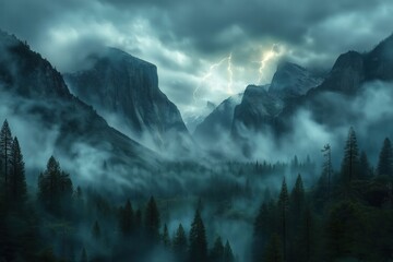 Dramatic thunderstorm over misty mountains with lightning illuminating the dark sky