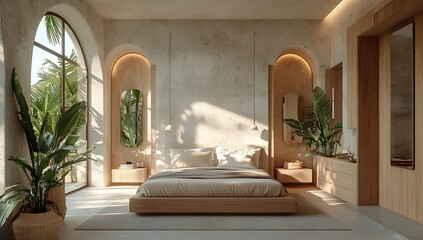 Sunlit minimalist bedroom with arched windows, wooden bed, and plants.