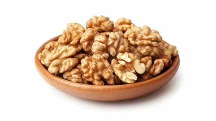 Isolated brown walnuts in a white bowl, a healthy and tasty snack