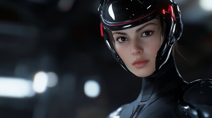 A futuristic character in a sleek, high-tech suit and helmet.