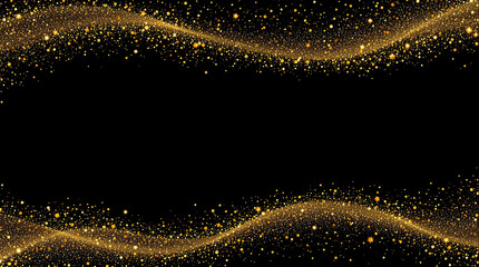 Golden glitter waves on a black background. Horizontal lines at the top and bottom with a space between. Perfect for festive, elegant, luxurious, or celebratory designs.