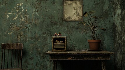 Abandoned room with old table, chair, and dying plant.