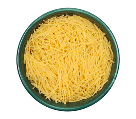 Italian uncooked pasta soup in bowl isolated on white, top view
