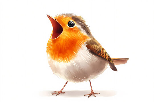 Adorable European robin bird illustration in soft pastel watercolors
