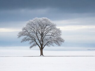 Fototapeta premium The beauty of winter solitude, a lone winter tree in a snowy field under a sky in low dark clouds