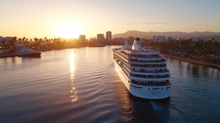 A cruise ship sailing into the sunset near a coastal city.
