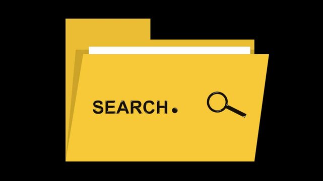 video animation icon folder and magnifying glass with dots loading, in concept searching computer files system, on a transparent background with alpha channel set to zero