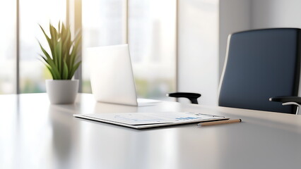 Fototapeta premium Light-colored office desks with laptops, plants, documents and chairs. Bright sunlight streams in.
