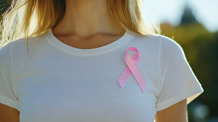 A person wearing a white shirt with a pink ribbon on the chest, breast cancer awareness.