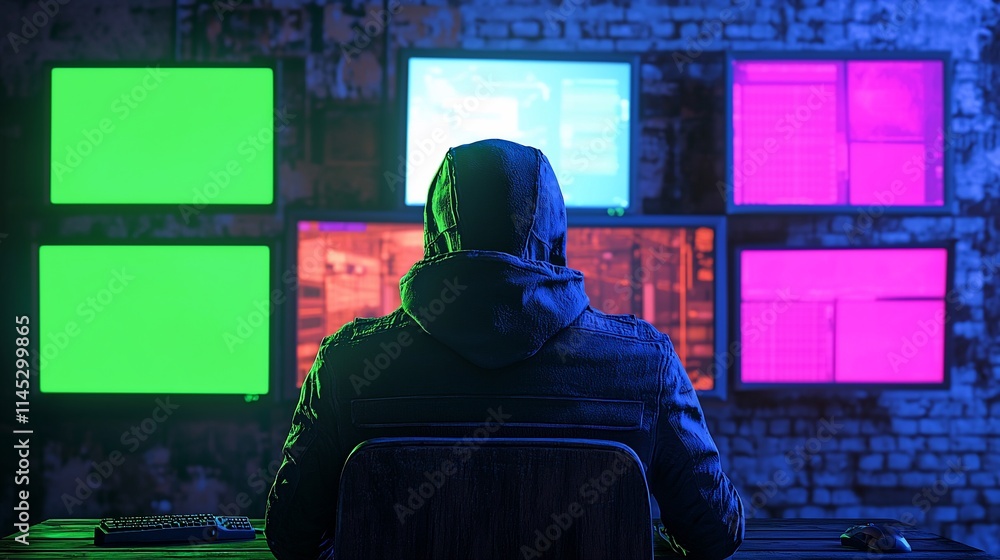 Aufkleber Hooded figure sits before multiple monitors displaying colorful data streams in a dark room.