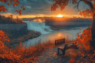 Beautiful sunset over a waterfall with autumn foliage and a serene bench view