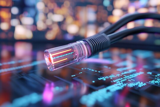 A close-up of a network cable on a digital interface background.