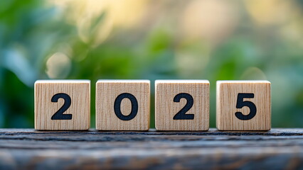 Wooden blocks with the year 2025. Blurred green background.
