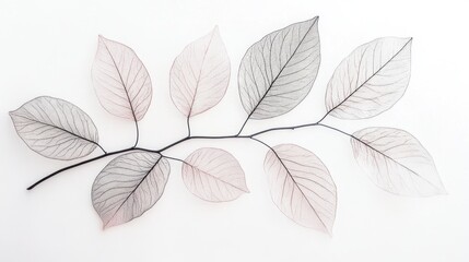 Delicate skeletonized leaves branch on white background.