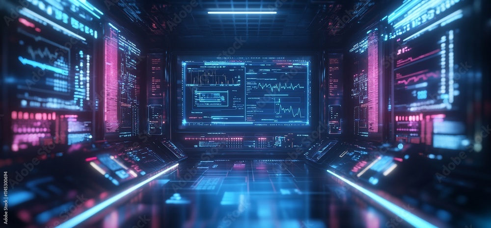 Poster futuristic control room with digital interfaces and data displays.