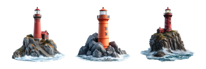 Colorful Lighthouses on Rocky Shoreline