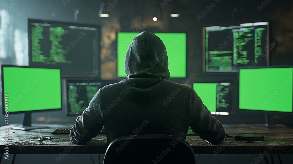 Fototapete hooded figure hacking multiple computers.