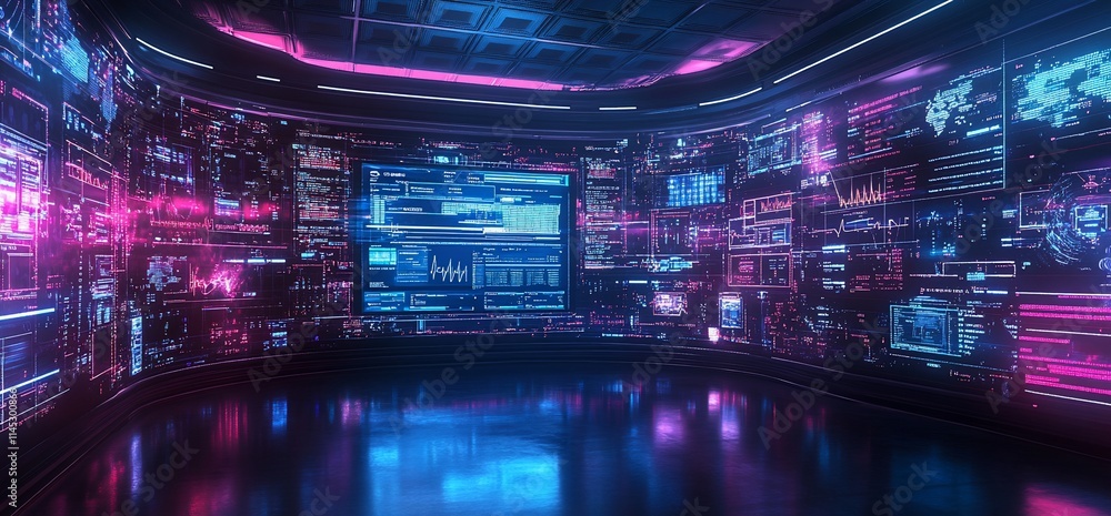 Aufkleber futuristic control room with digital displays and data visualizations.