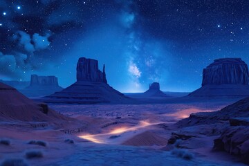 Night sky over desert landscape with rock formations and stars in clear view