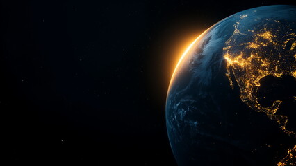 Obraz premium A view of Earth from space. The Americas are visible and illuminated by sunlight.