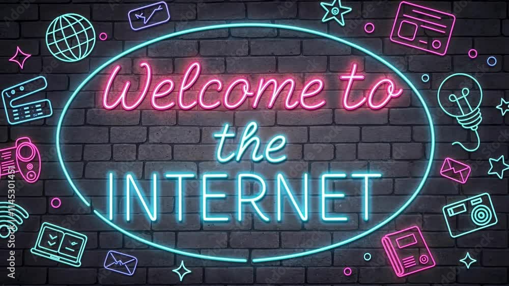 Poster a rounded neon sign with a playful bouncy font in light pink and blue reading welcome to the interne