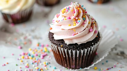 Irresistible bright birthday cupcakes with creamy frosting and candy accents on a simple white table